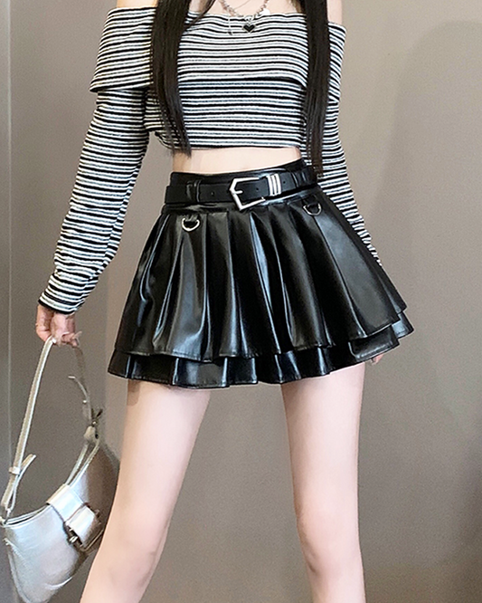 Black Pleated Leather Mini Skirt