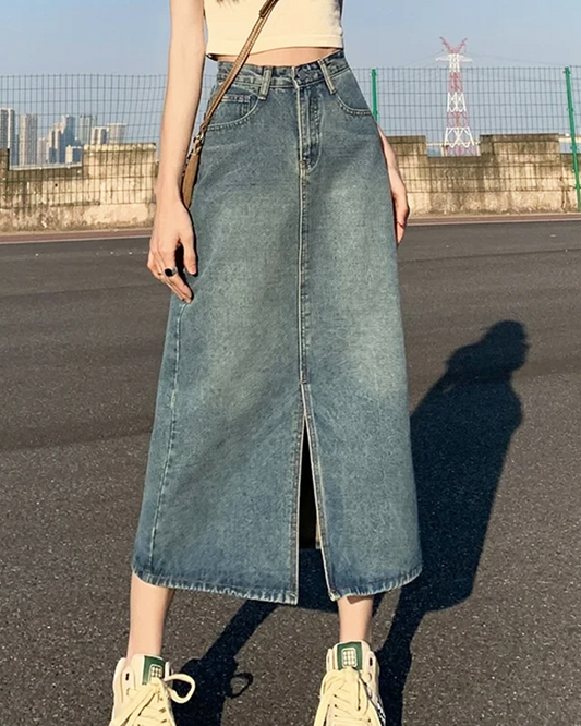 Denim Maxi Skirt With Slit