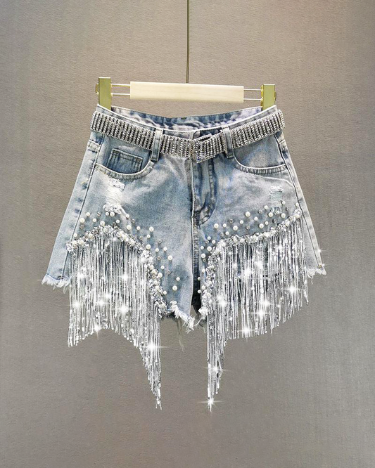 Denim Shorts With Rhinestone Fringe