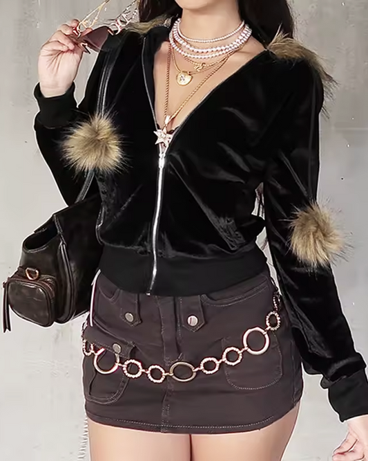 Hoodie With Fur Hood Y2K