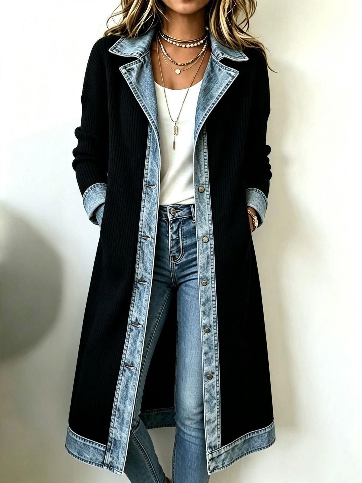 Y2K| Longline Knit Cardigan with Denim Details
