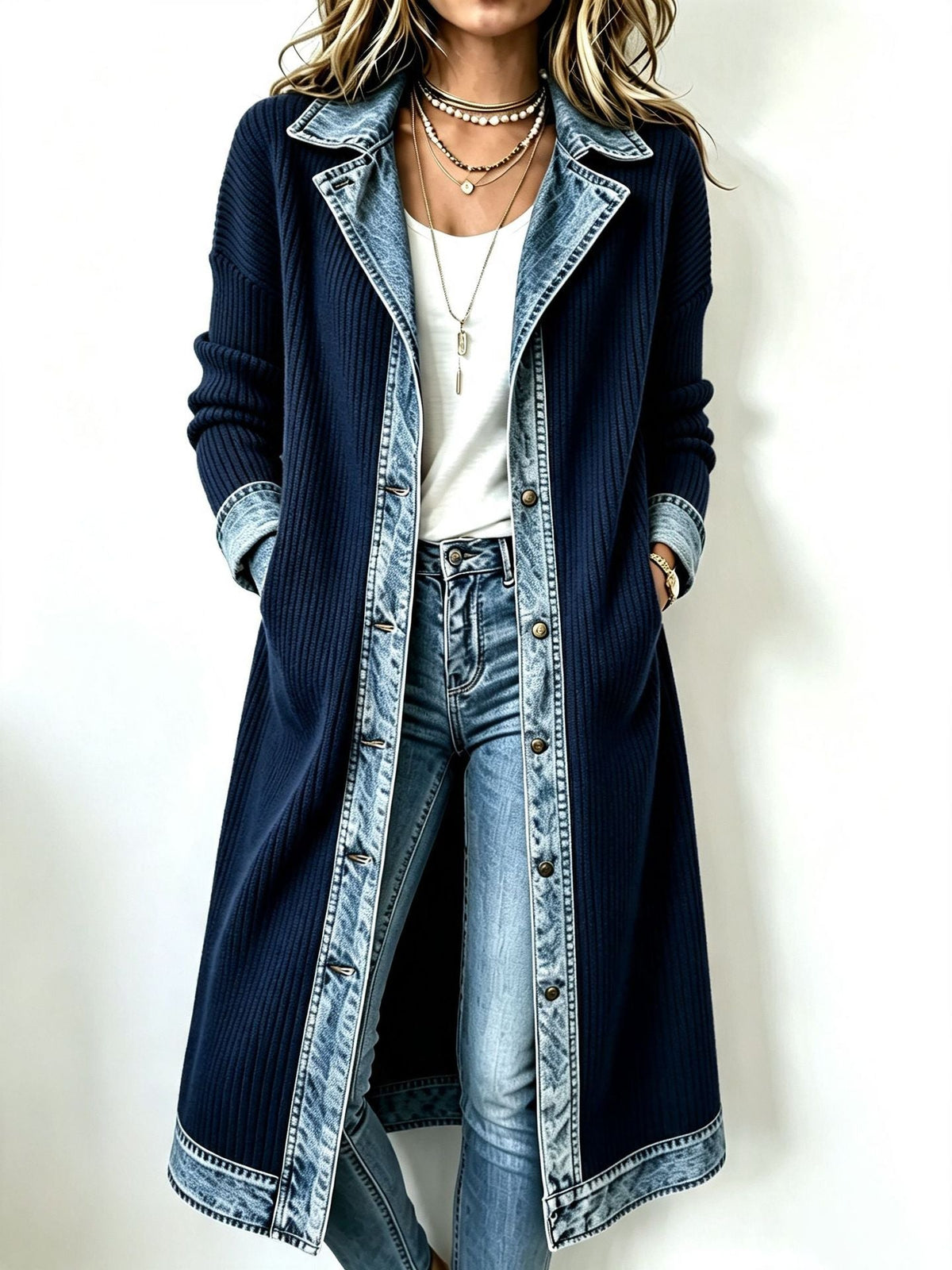 Y2K| Longline Knit Cardigan with Denim Details