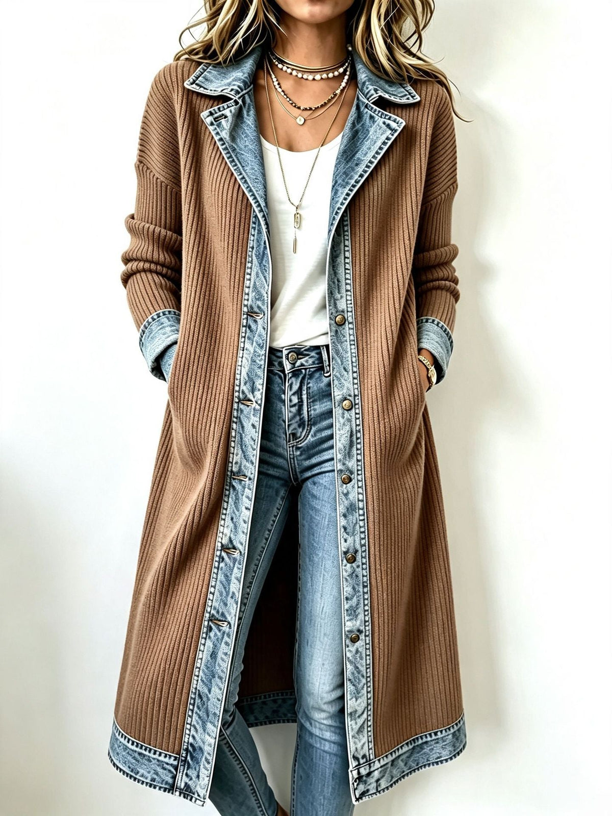 Y2K| Longline Knit Cardigan with Denim Details