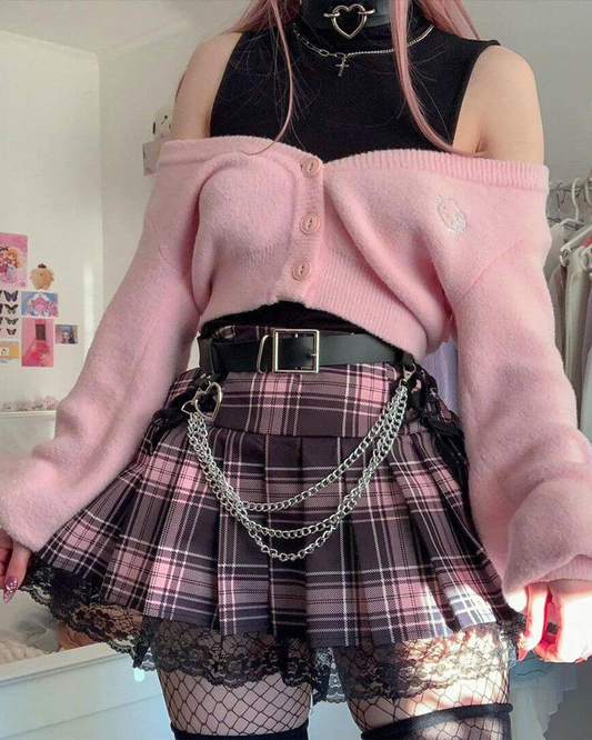 Pink And Black Plaid Pleated Skirt