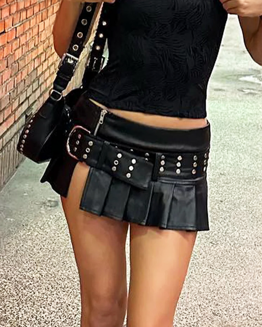 Pleated Leather Mini Skirt