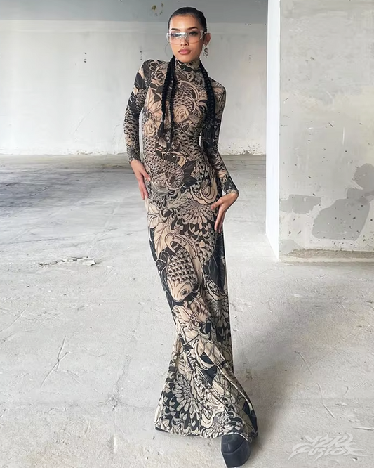 Tattoo Print Maxi Dress