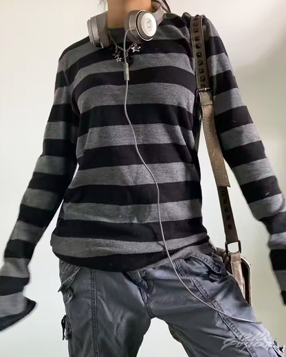 Y2K Black And Gray Striped Long Sleeve Shirt