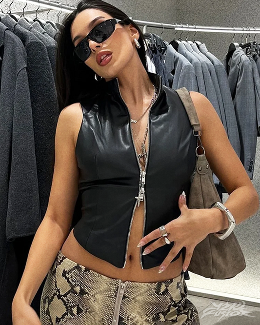 Y2K Zip Up Leather Top